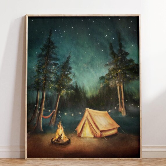 Camping Under Stars Night Sky Tent Campfire String Lights Adventure Print