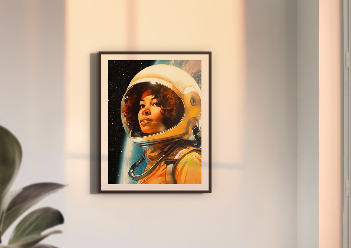Astronaut Woman Orange Spacesuit Retro Futurism Portrait Wall Art - Image 3