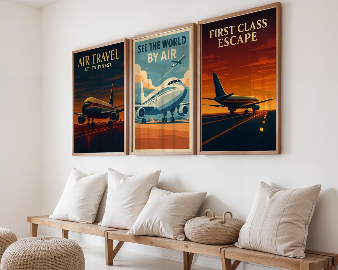 Retro Aviation Travel Vintage Airliner Trio Jet Airplane Sunset Poster Set Of Three