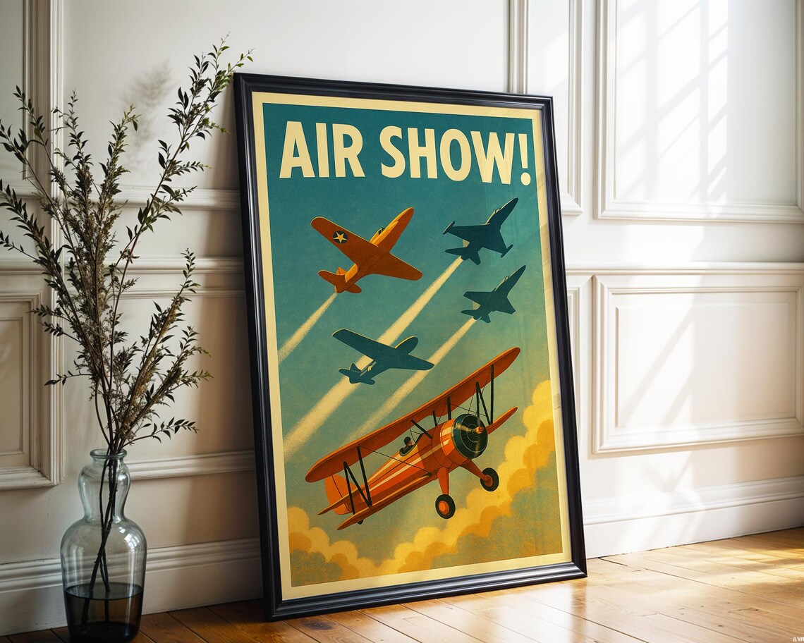 Air Show Vintage Aviation Poster Jets and Biplane Formation Art
