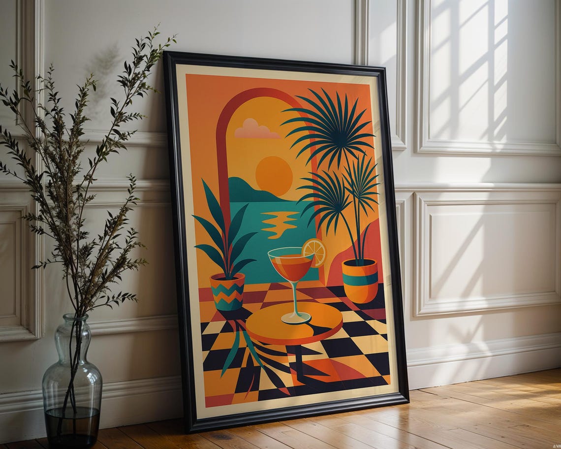 80s Retro Tropical Cocktail Lounge Sunset Bar Wall Decor Art Poster