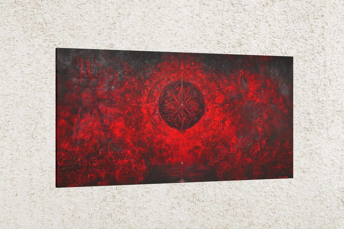 Fiery Red Abstract Ornamental Mandala Symbol Dark Art Poster