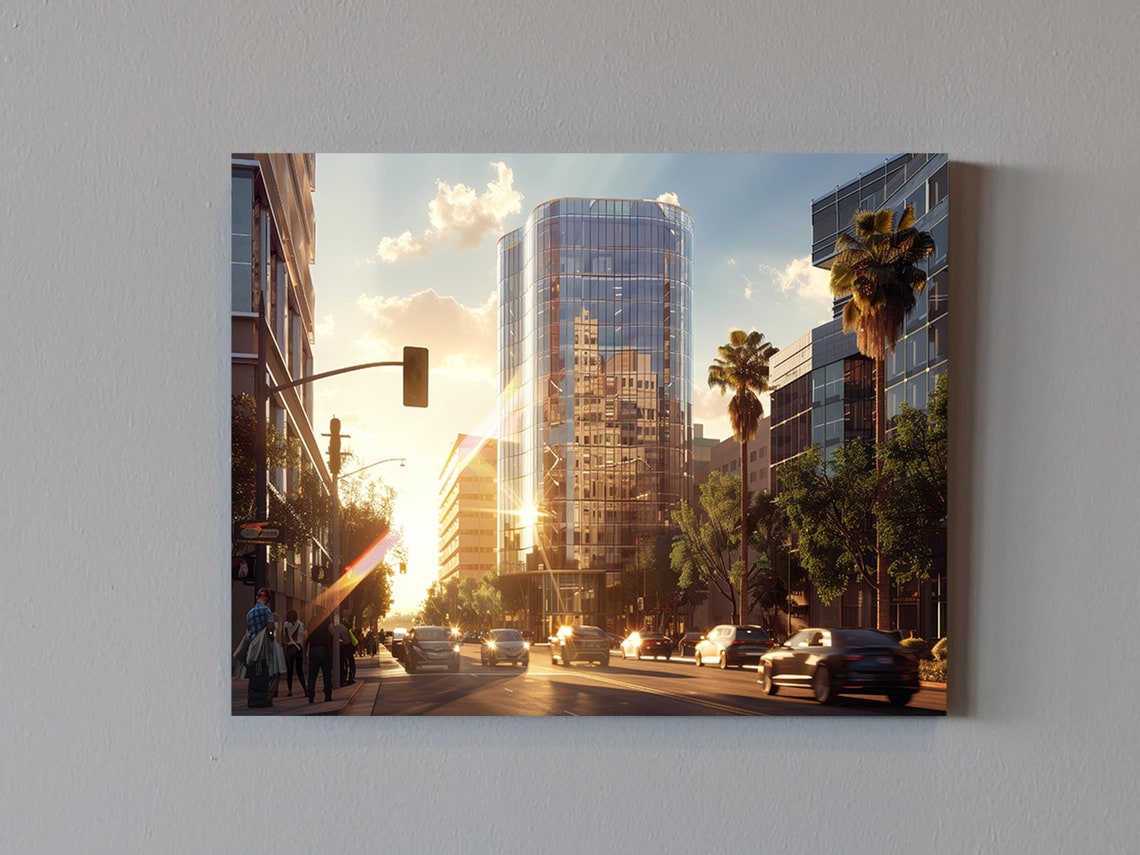 Glass Office Tower In The City At Sunrise Art Block Print
