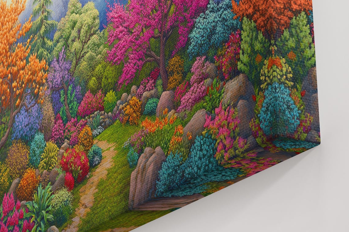 Spring Garden Blossom Path Mountain Landscape Colorful Art Poster - Image 4