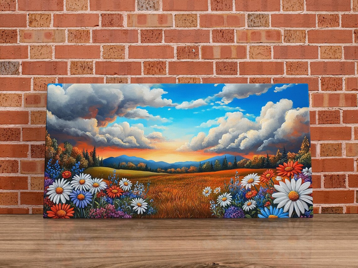 Sunset Daisy Meadow Art Print, Spring Floral