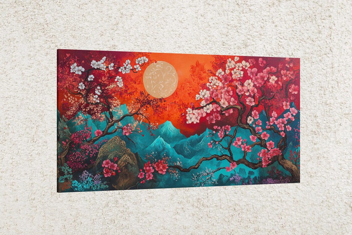 Cherry Blossom Moon Mountain Fantasy Landscape Colorful Floral Art Poster - Image 2