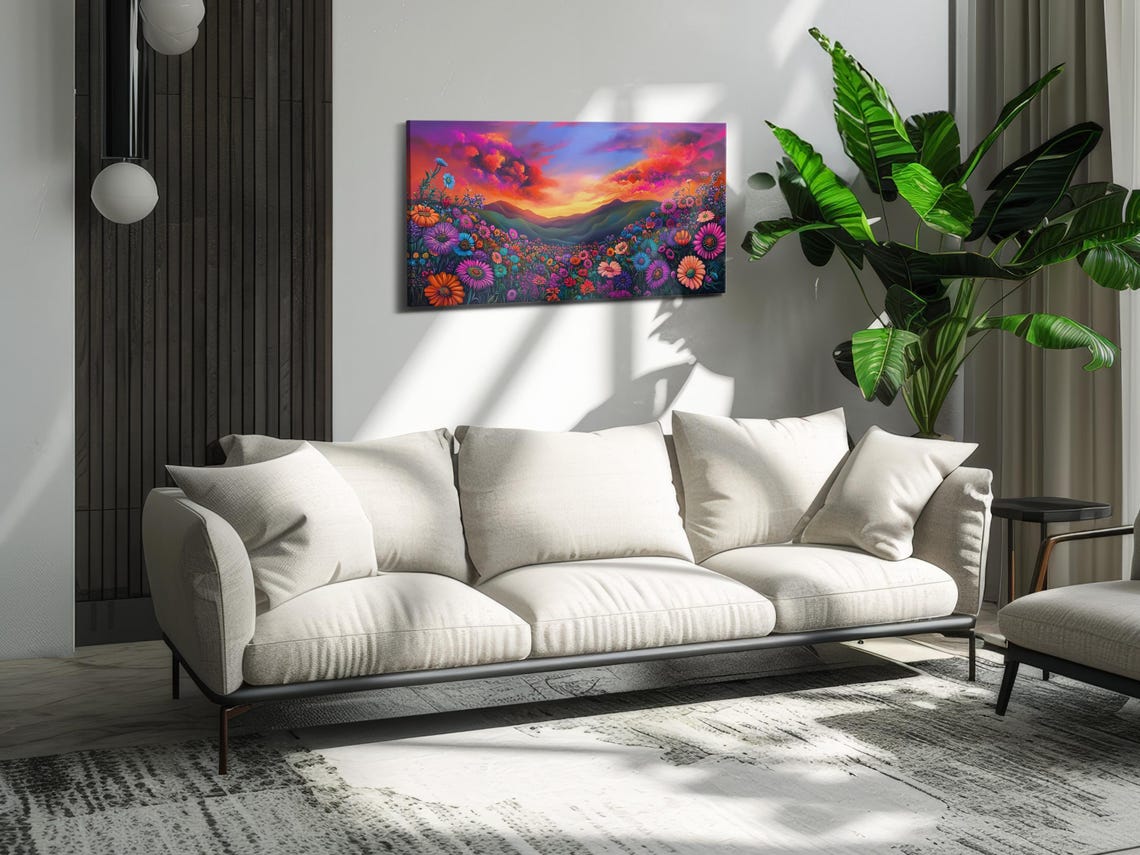 Rainbow Wildflower Meadow Dramatic Sunset Sky Colorful Art Poster - Image 3