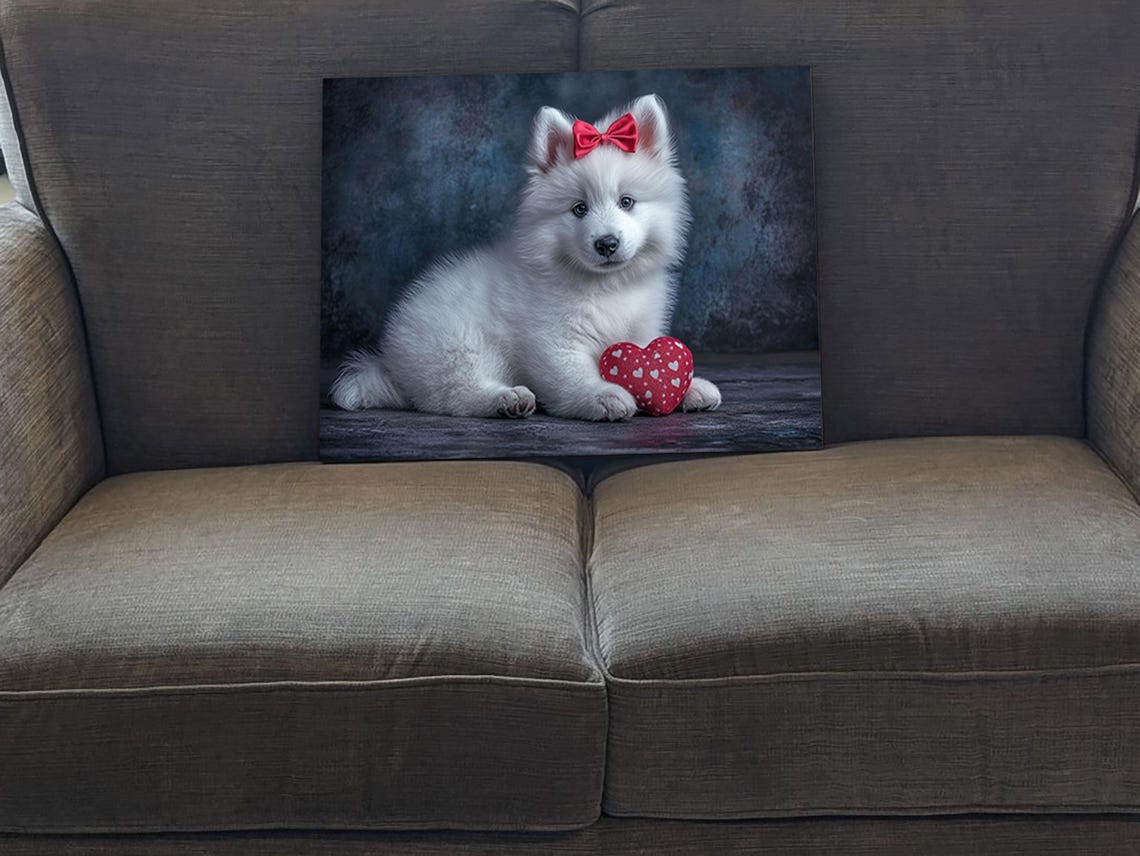 Fluffy White Samoyed Puppy With Red Bow Holding Heart Art Poster - Image 5