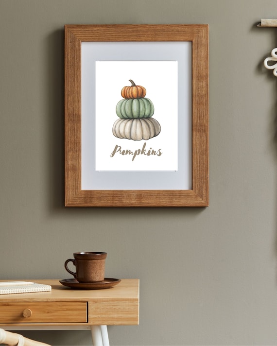 Stacked Pumpkins Orange Green White Watercolor Fall Art Poster