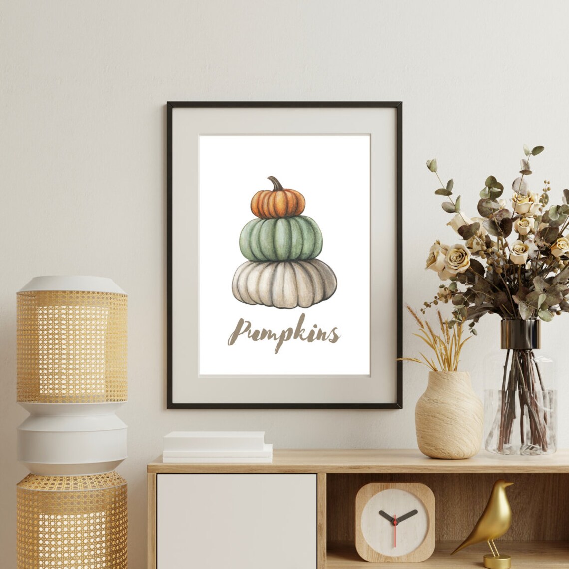 Stacked Pumpkins Orange Green White Watercolor Fall Art Poster - Image 3