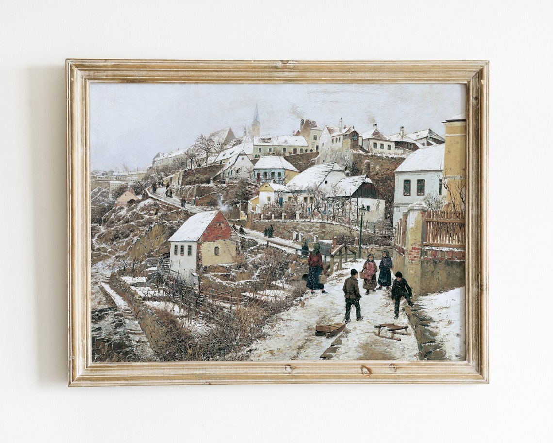 Antique Village Painting Winter Art Print Vintage Art Vintage Cityscape Winter Painting Vintage Christmas Art Art