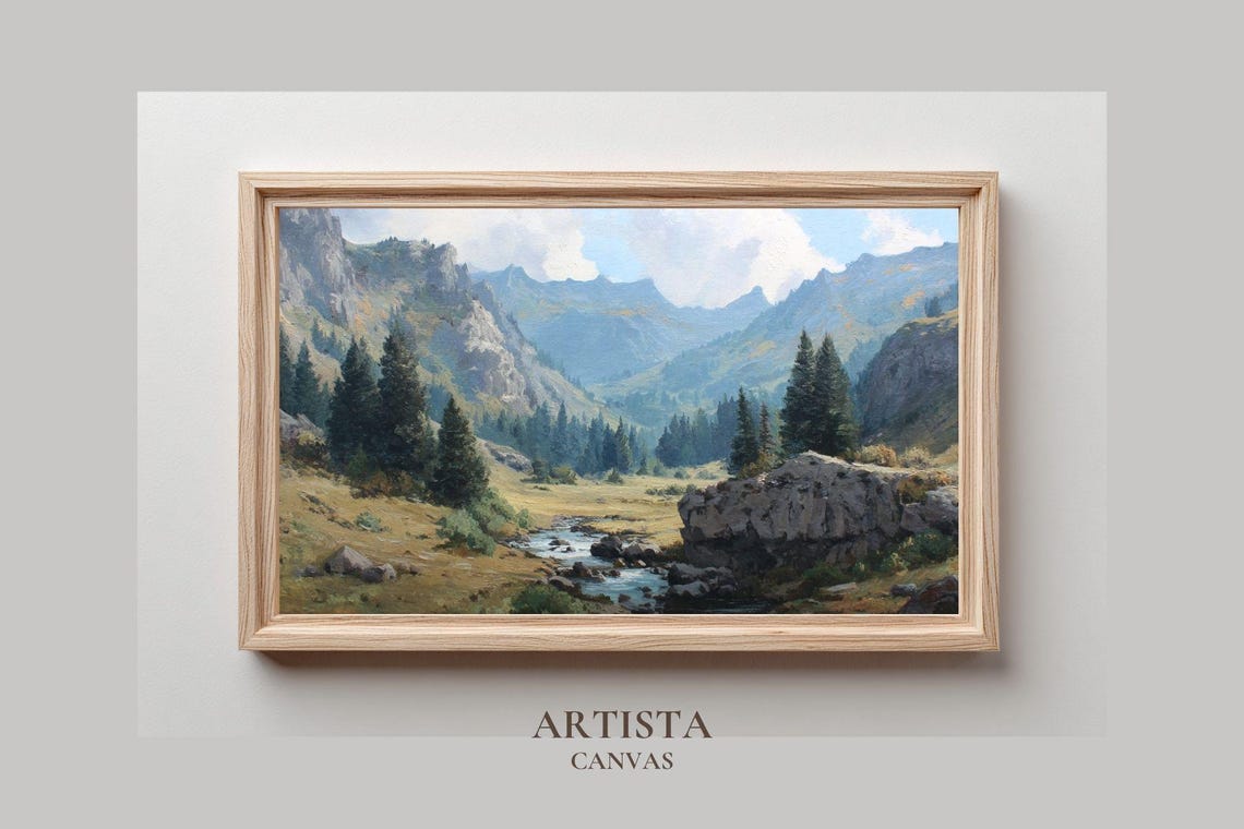 Mountain Valley Wall Art Nature Landscape Print River Pines Artwork Serene Forest Stream Scene Rustic Home Decor
