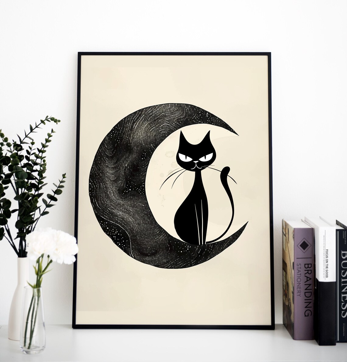 Black Cat And Moon, Mid-Century Modern Art Print