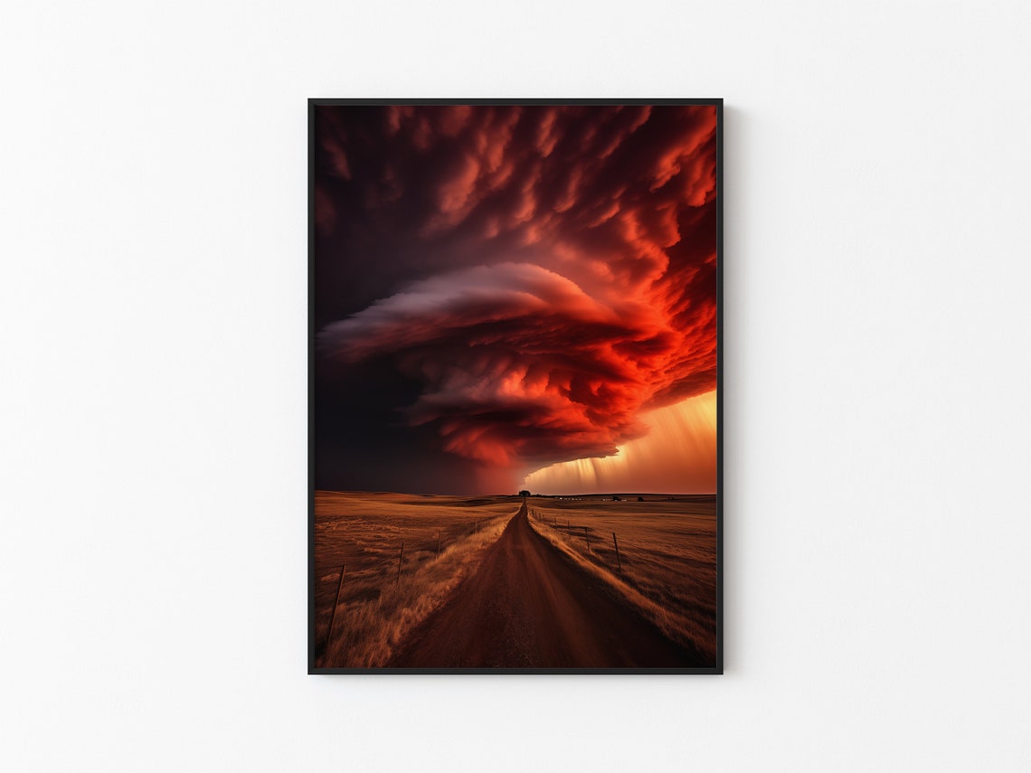 Dirt Road Into Horizon Under Towering Crimson Storm Wall Poster