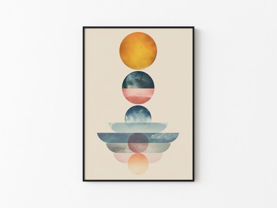 Golden Sun Wave Horizon Watercolor Stack Banded Orb Abstract Art Print