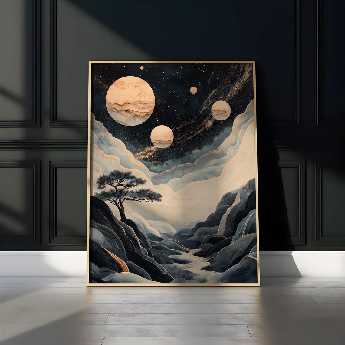 Four Gold Moons Galaxy Canyon Twin Pines Night Valley Art Poster - Image 3