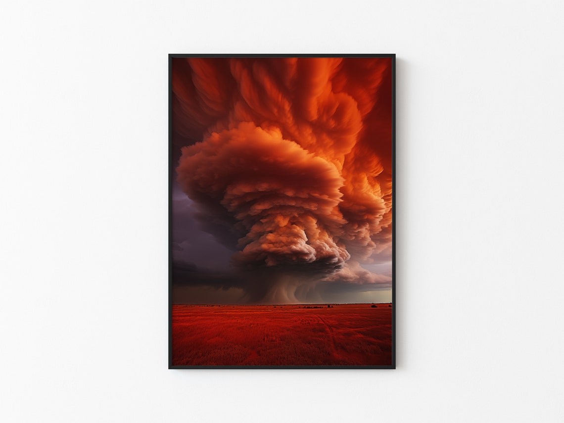 Towering Crimson Rotating Cloud Wall Over Red Prairie Poster