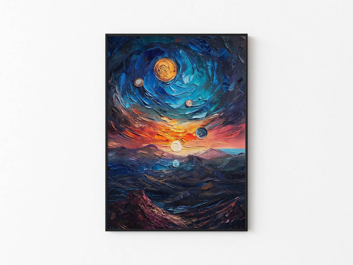 Blue Spiral Galaxy Orange Sun Ocean Waves Impasto Art Poster