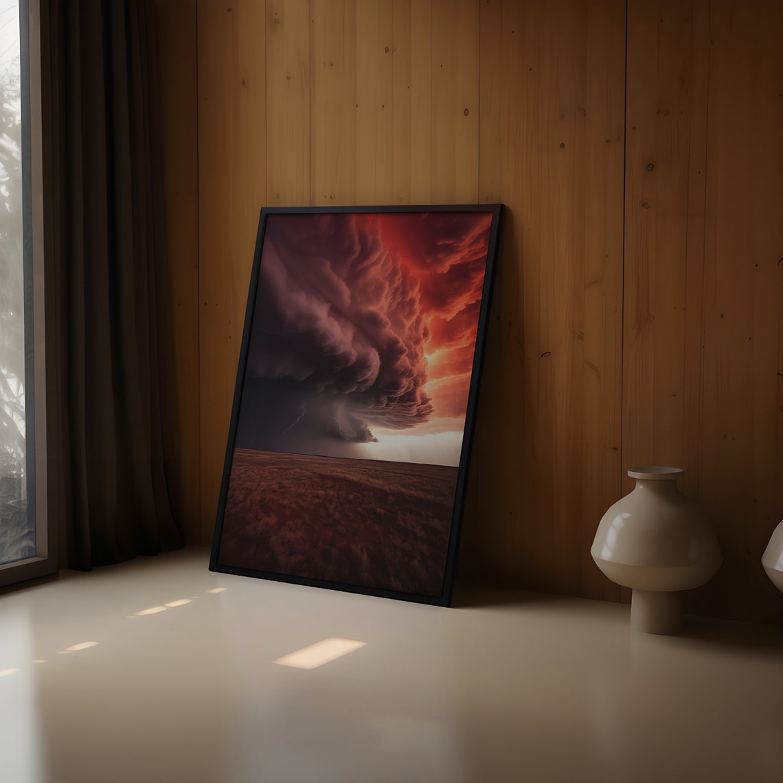 Red Supercell Storm With Lightning Bolt Over Open Plain Poster - Image 3