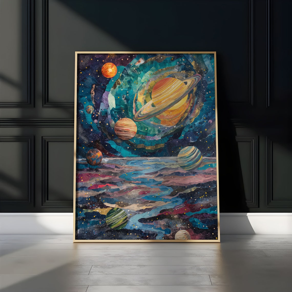 Ringed Giant Planet Teal Clouds Ocean River Cosmic Art Poster - Image 2