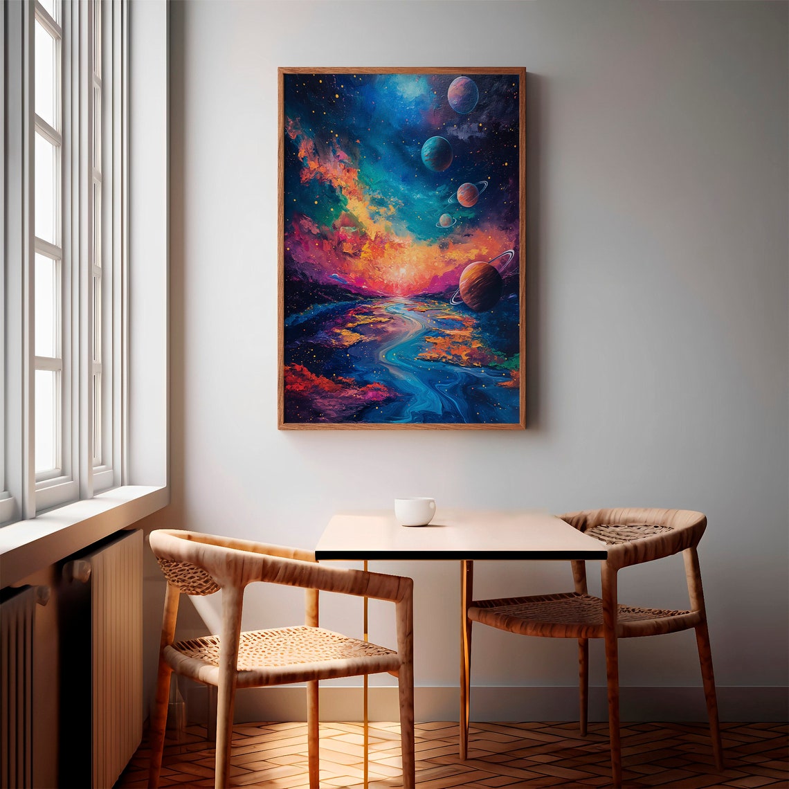 Ringed Planets Turquoise Ocean River Pink Nebula Cosmic Poster - Image 3