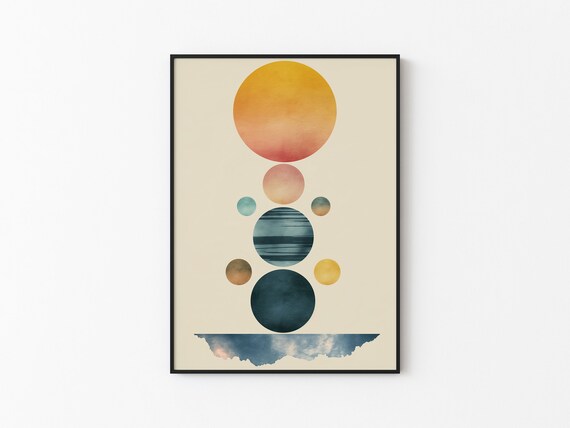 Abstract Orange Sun Striped Planet Cosmic Column Watercolor Wall Art