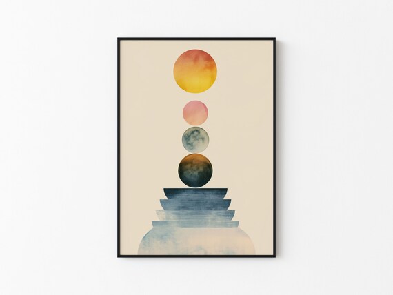 Stacked Watercolor Planet Spheres Balancing Totem Minimalist Print