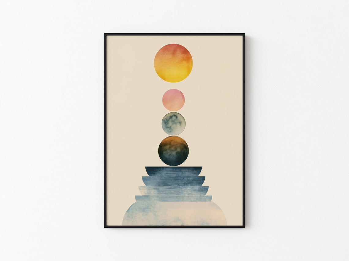 Stacked Watercolor Planet Spheres Balancing Totem Minimalist Print
