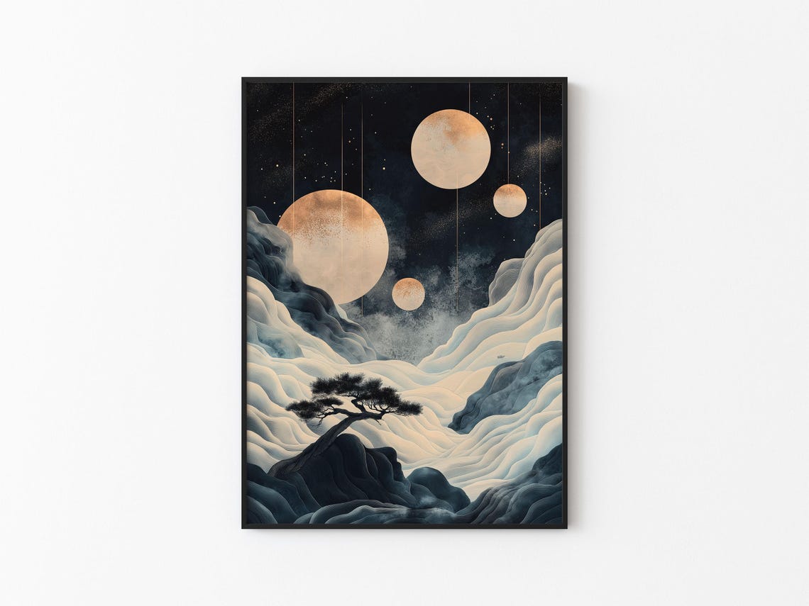 Four Cream Moons Cloud Waves Pine Cliff Starry Night Calm Art Poster