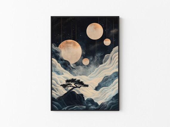 Four Cream Moons Cloud Waves Pine Cliff Starry Night Calm Art Poster