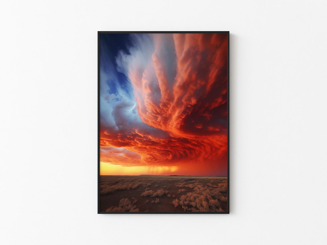 Blue and Crimson Storm Clouds Over Desert at Golden Light Poster