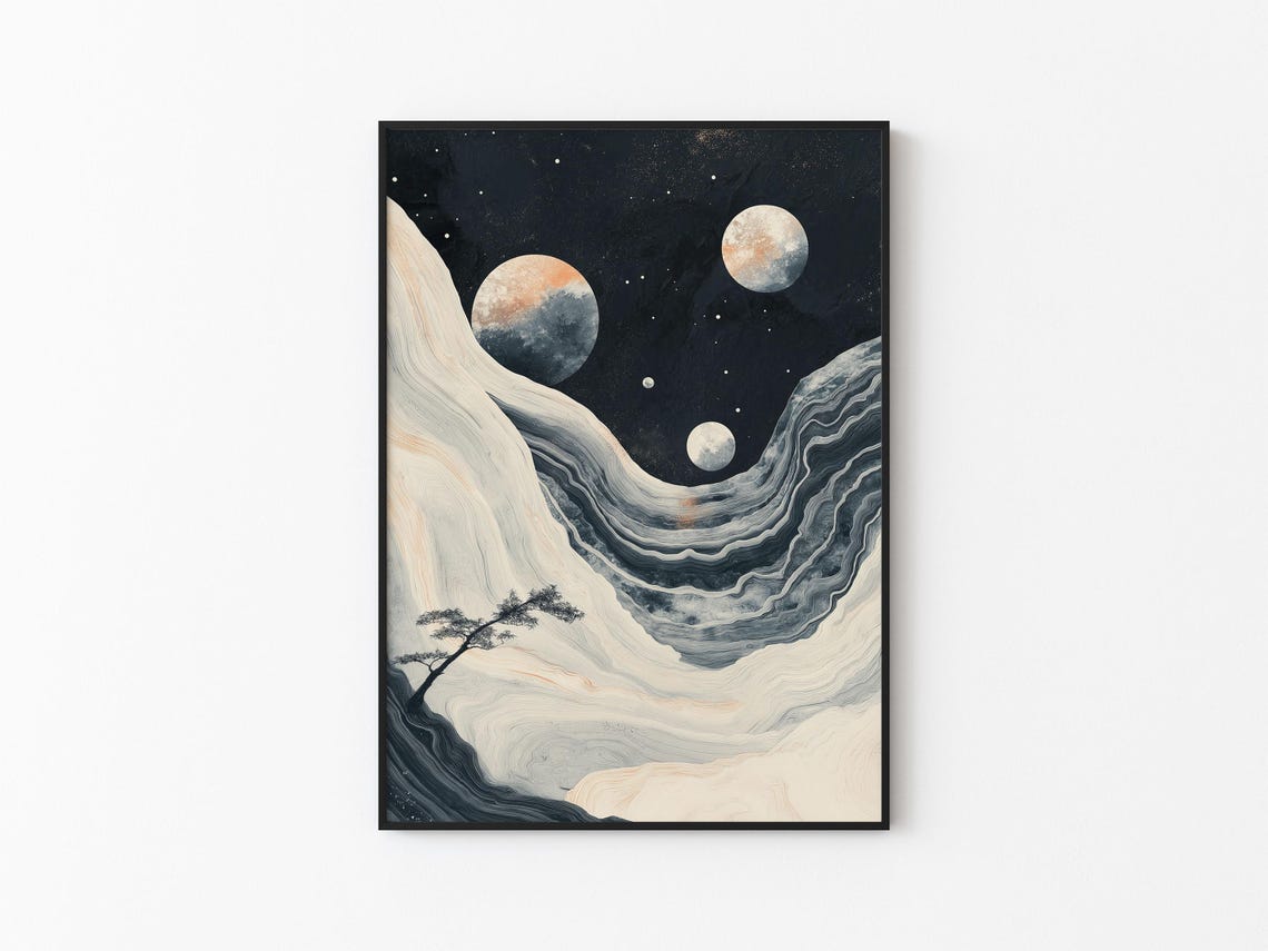 Rust Orange Planets Ivory Indigo Waves Lone Pine Night Sky Art Poster