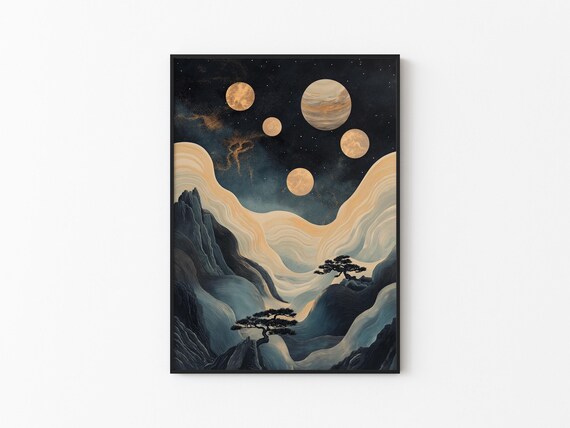 Five Golden Moons Flowing Mountain Waves Bonsai Pines Night Sky Poster