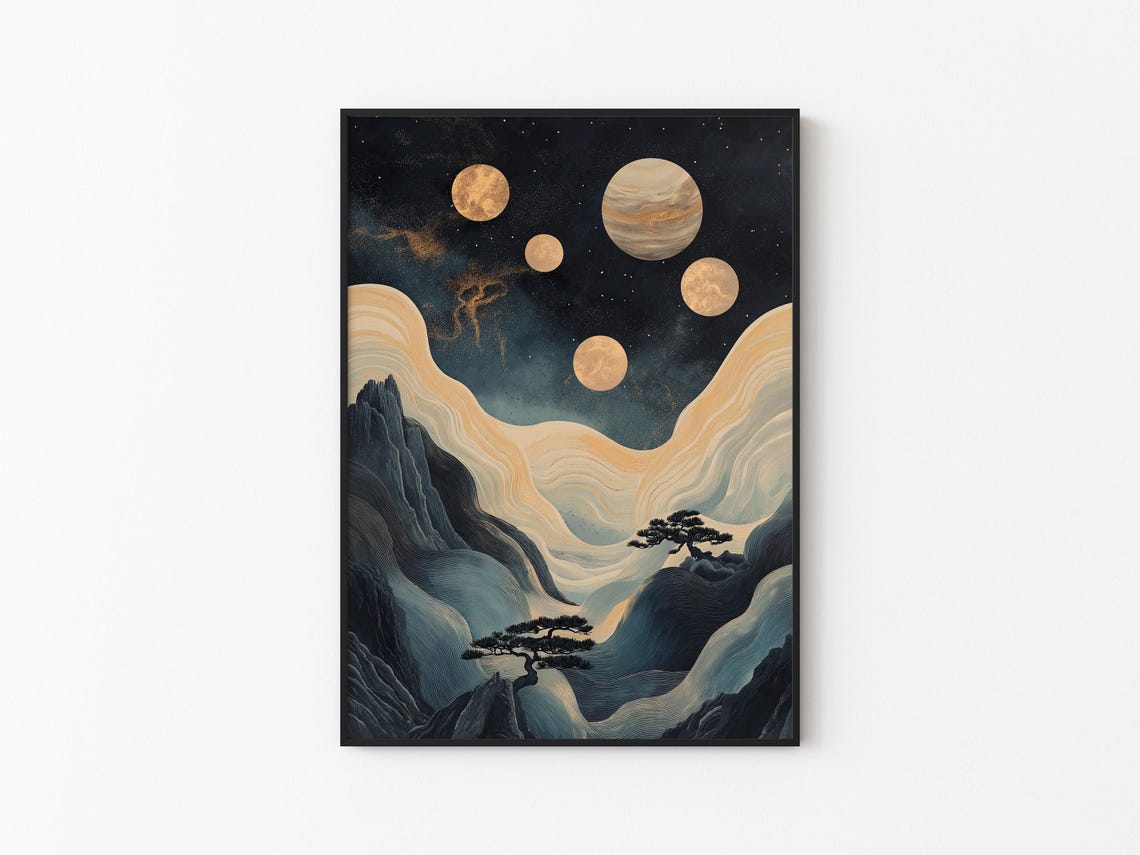 Five Golden Moons Flowing Mountain Waves Bonsai Pines Night Sky Poster