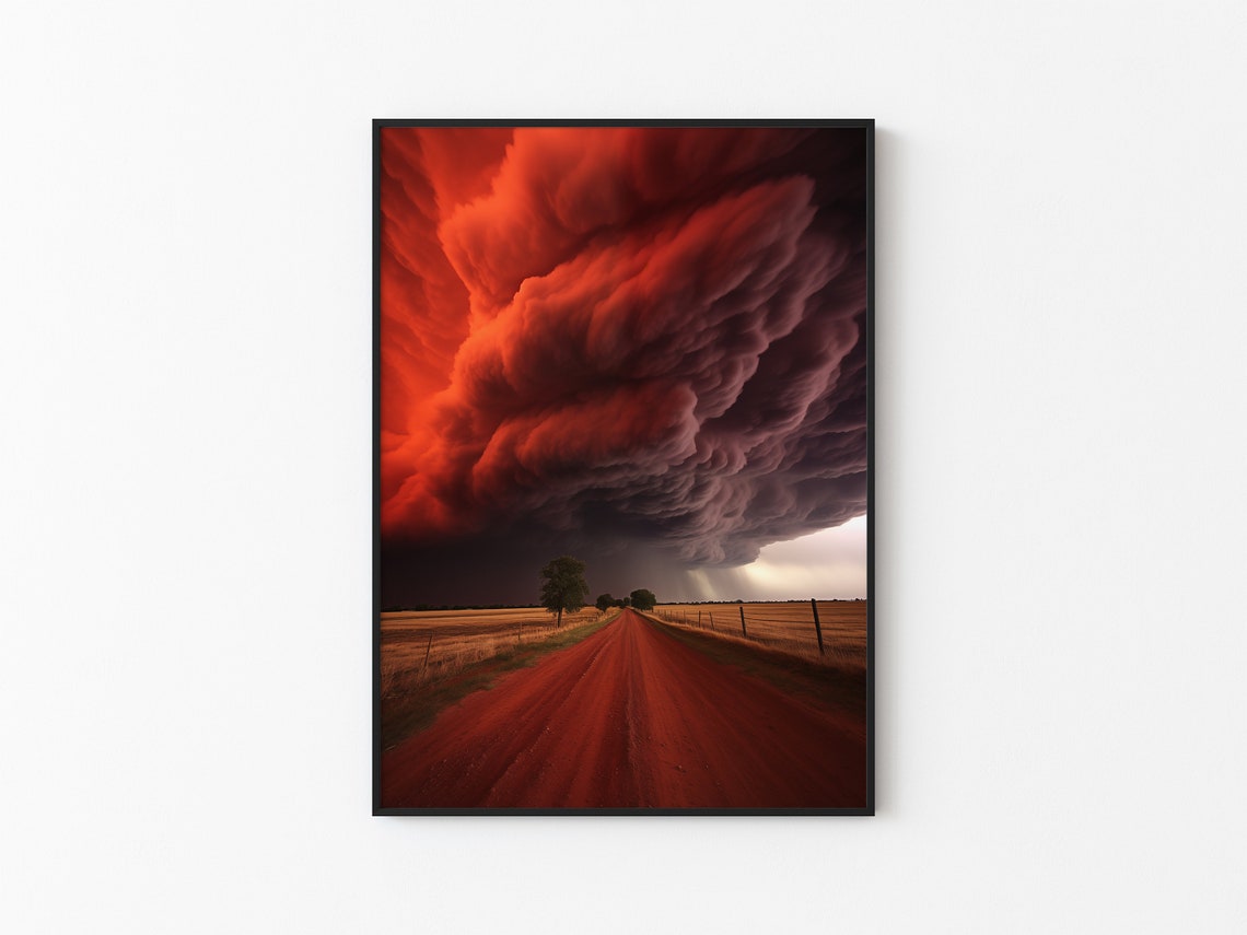 Crimson Storm Clouds Over Red Dirt Road Through Golden Field Poster
