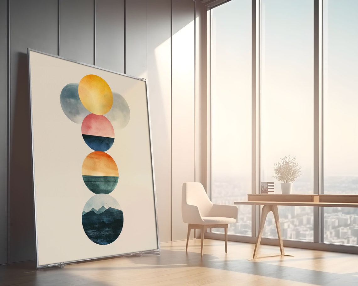 Watercolor Gold Sun Winged Orb Stack Mountain Night Abstract Wall Art - Image 2