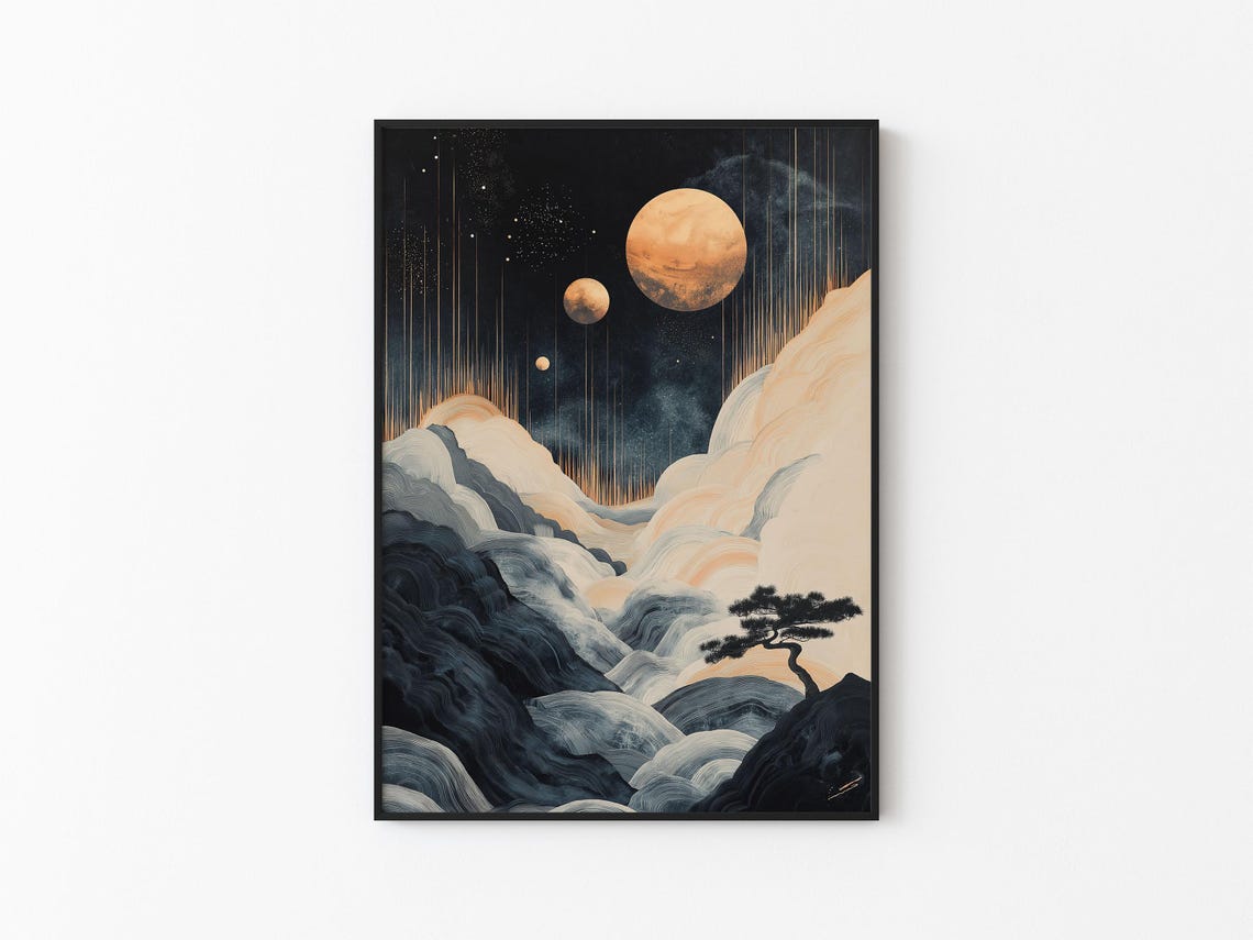 Twin Gold Moons Golden Rain Peach Cloud Waves Pine Cliff Night Poster