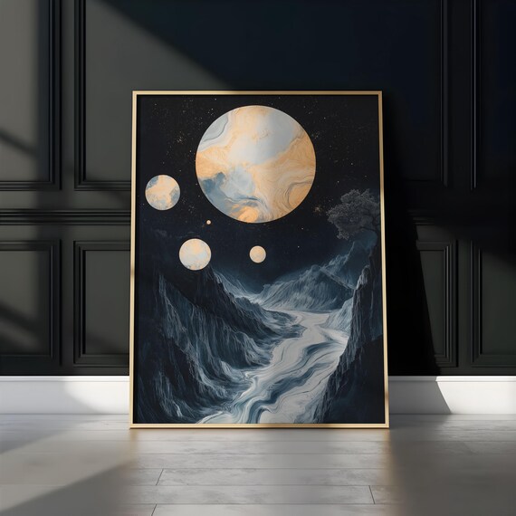 Golden Moon Cosmic Valley Night Mountain Landscape Fantasy Art Poster