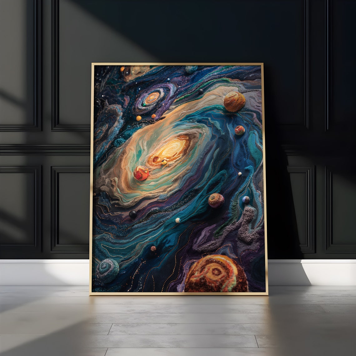 Teal Purple Swirling Nebula Planets Dark Starry Cosmic Poster - Image 2