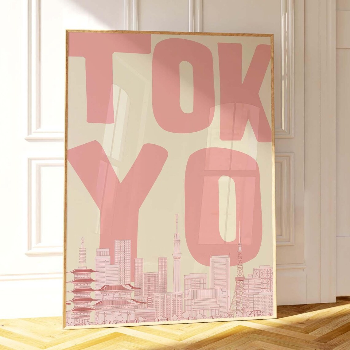 Tokyo Skyline Line Art Pink Pagoda Tower Retro City Travel Poster