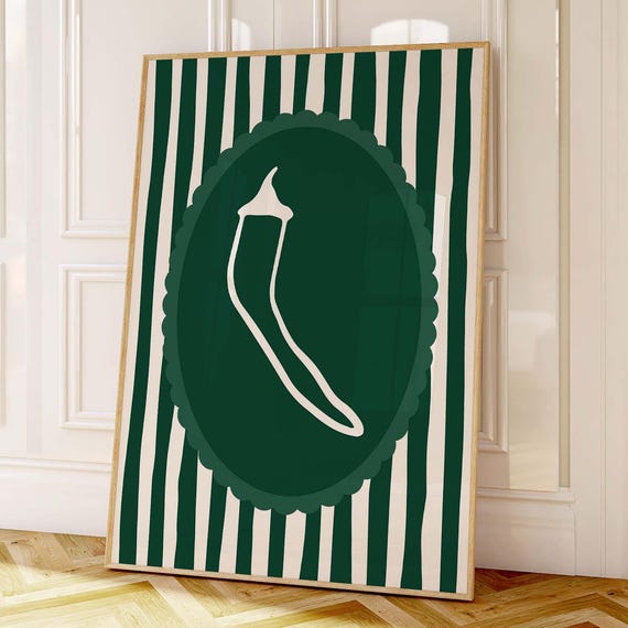Chili Pepper Print Modern Kitchen Decor Funky Vegetable Poster Maximalist Dining Room Art Green Wall