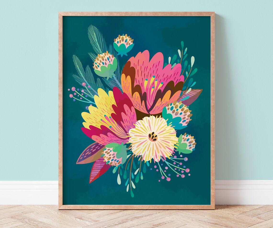 Teal Flower Art Print, Colorful Maximalist Floral
