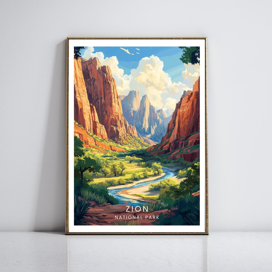 Zion Canyon Red Sandstone Cliffs River Valley National Park Poster