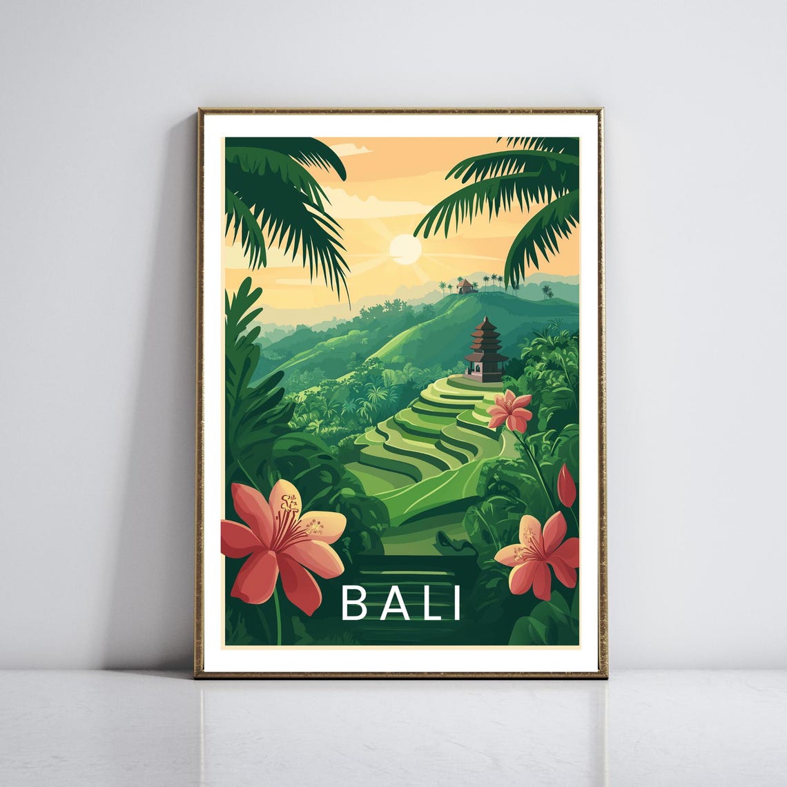 Bali Rice Terraces Temple Jungle Sunrise Indonesia Travel Poster