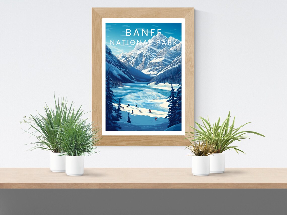 Banff Frozen Lake Skaters Snowy Peaks National Park Travel Poster - Image 2
