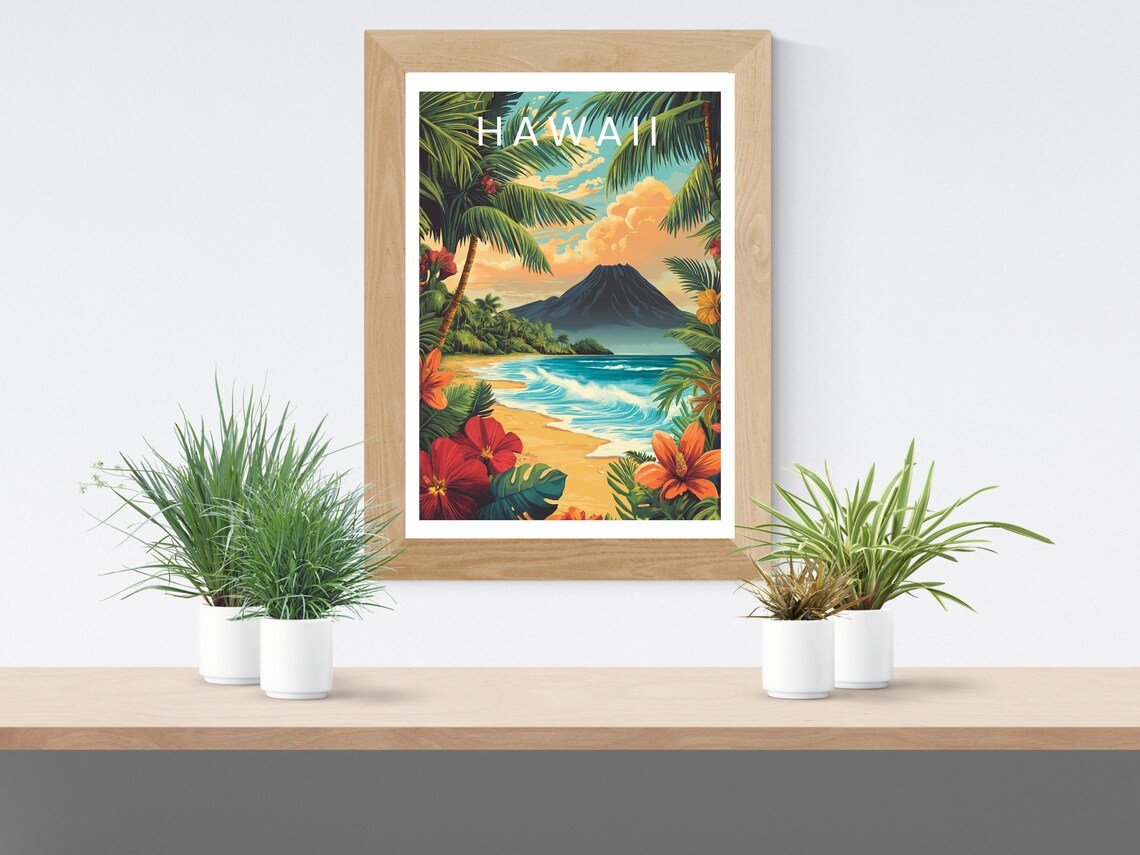 Hawaii Volcano Beach Hibiscus Sunset Tropical Island Travel Poster - Image 2