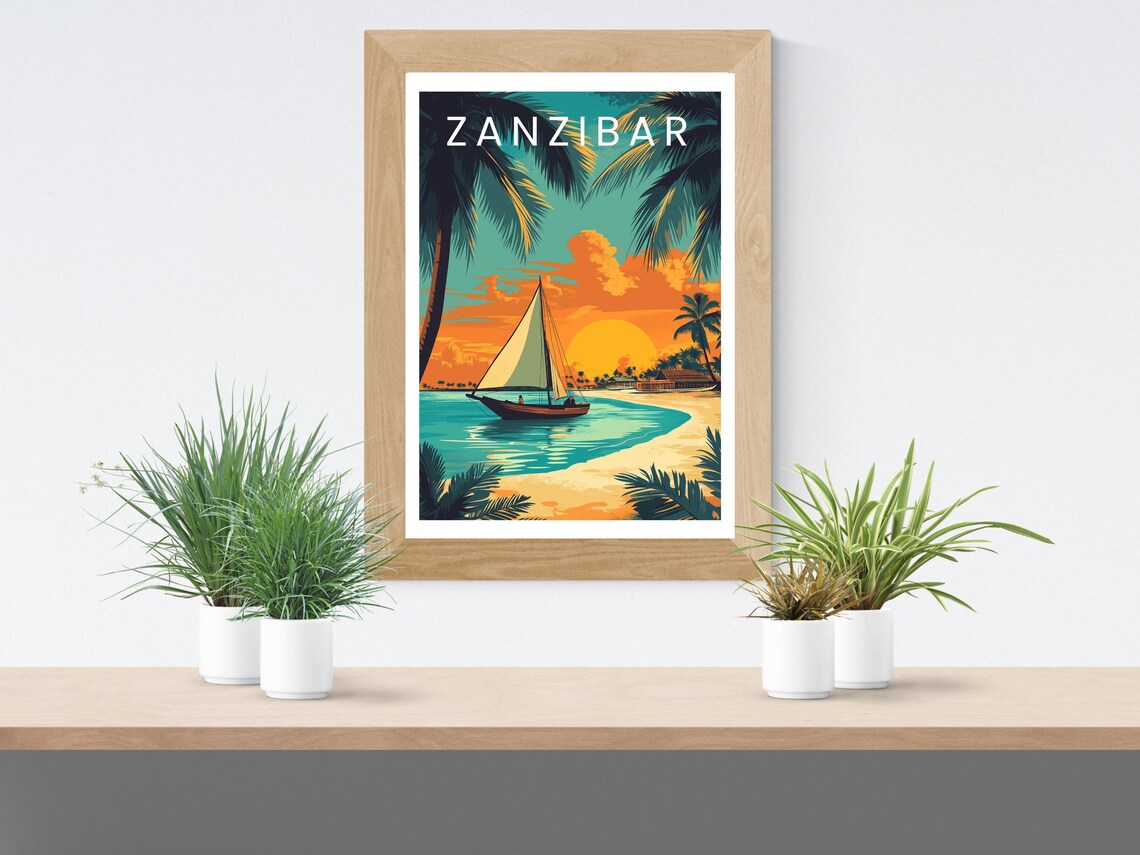 Zanzibar Dhow Sailboat Sunset Beach Palms Africa Travel Poster - Image 2