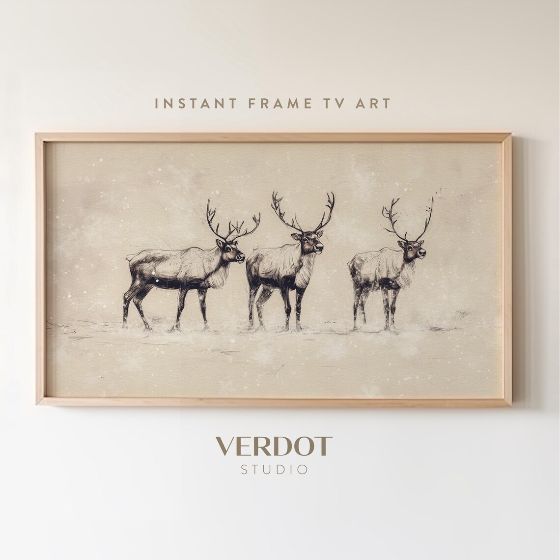 Christmas Reindeer Neutral Sketch Art Print, Vintage Winter