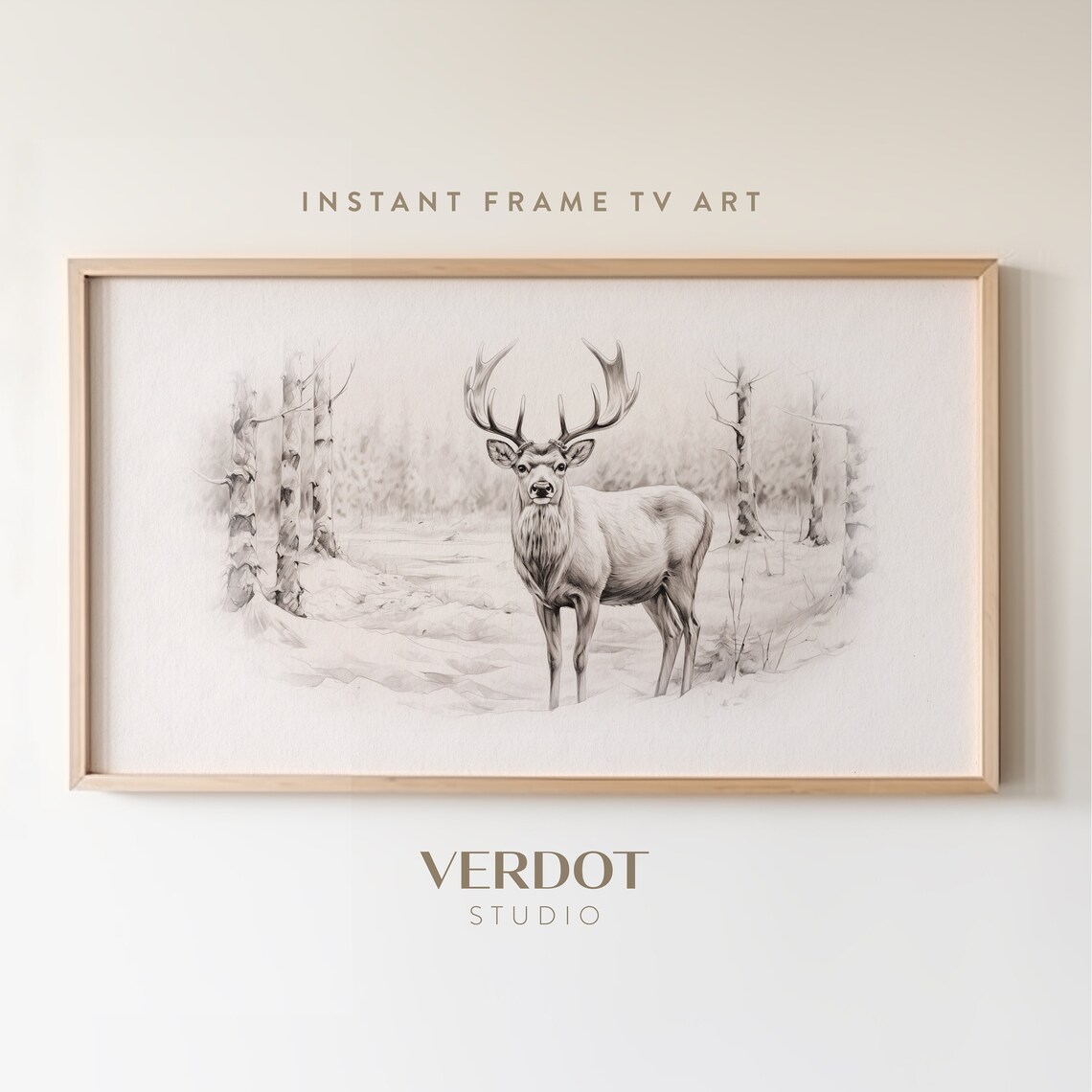 Winter Deer In Snow Christmas Pencil Sketch Art Print