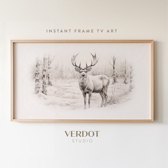 Winter Deer In Snow Christmas Pencil Sketch Art Print